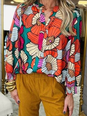 JODIFL Floral  Blouse in Green & Orange NWT large